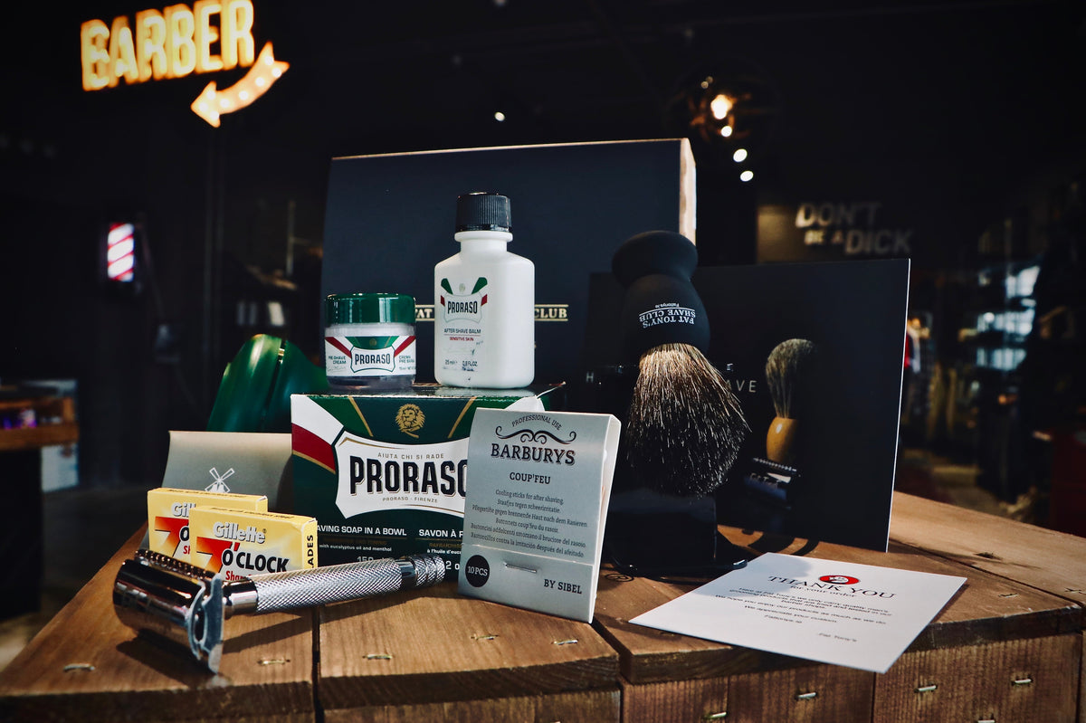 Shave set with all the bits you need. Double edged razor and horse hair brush, creams, balms all presented in a stunning gift box.