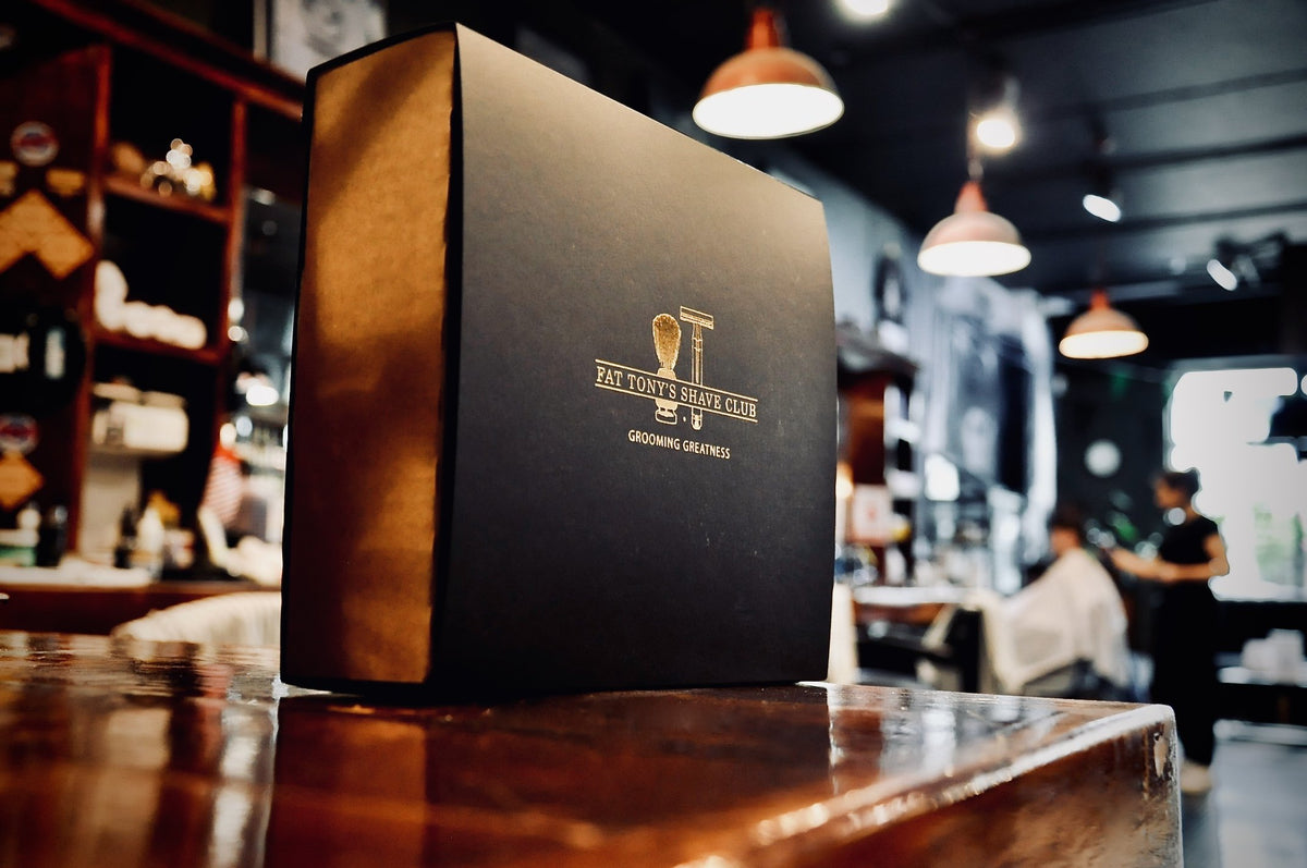 Mens shaving set sitting on the bar at our barbershop here in Galway. Fat Tonys's sells a great selection of gift ideas for men.