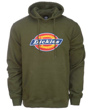 Dark green mens hoodie with the large Dickies logo on the front.