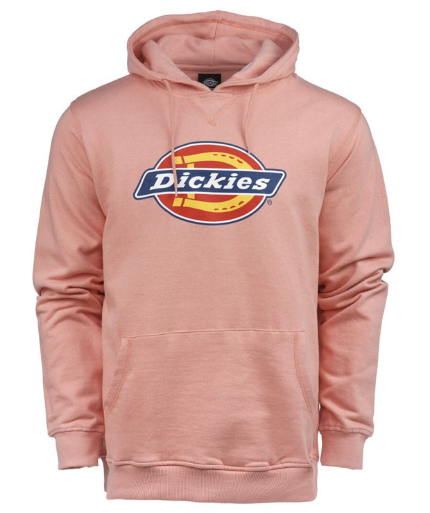 Pink salmon hoodies with the big Dickies logo on the front.