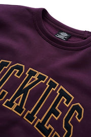 Purple college style sweatshirt with yellow Dickies logo.
