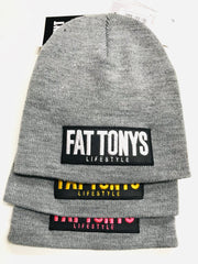 Grey Beanie hats by Fat Tony. We have 3 different patch styles with either yellow, white or pink stitching.