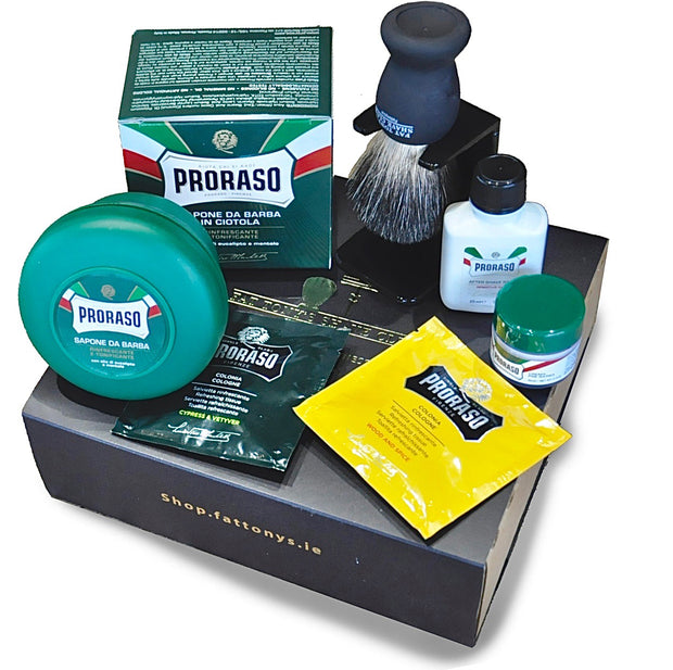 Shave set with all the items you need to get started when having a traditional mens shave. This is a great box set for anyone looking for an original gift for the man in their life. 