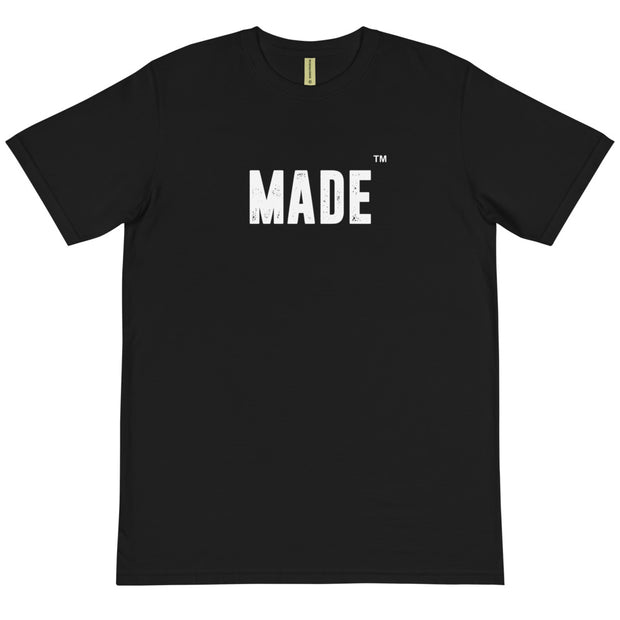 THE MADE™ crisp White on Black ORGANIC T-SHIRT